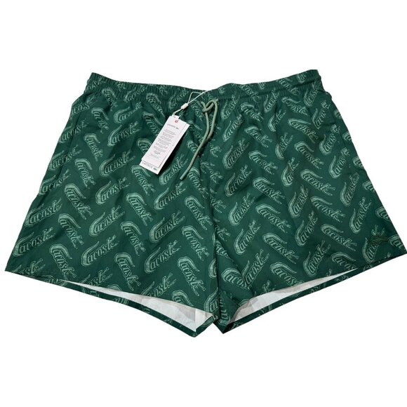 Lacoste Swim Trunks Mens XL Green All Over Logo Liner Drawstring Pockets - Picture 1 of 12
